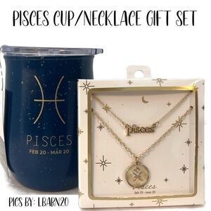 Astrology Pisces Cup Wine Sipper & Gold Necklace Pearl Name Script Navy Gift Set